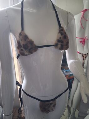 Leopard Faux-Fur Micro Bikini Set - Brown